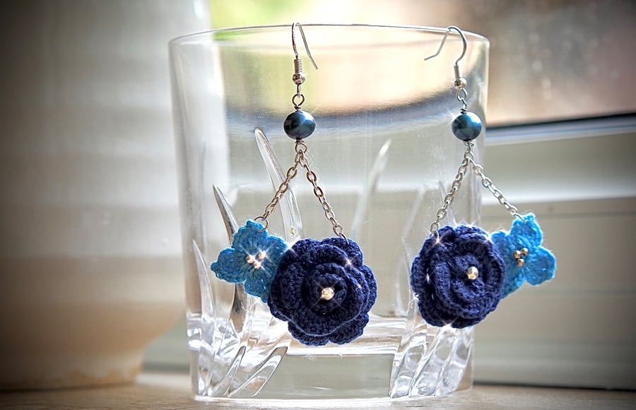 Fresh water pearls Crochet Floral Earrings 