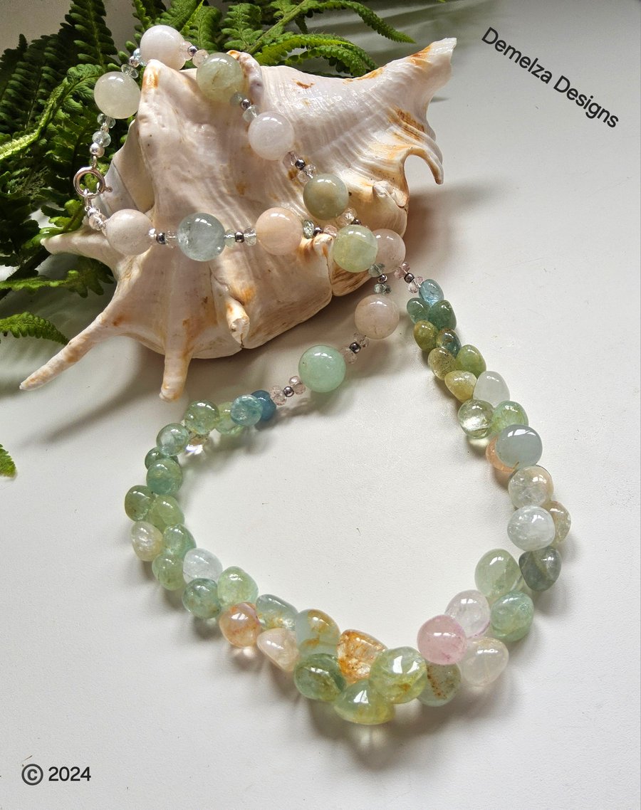 Aquamarine,  Morganite,  Prehnite, Sterling Silver Necklace (Multi Beryle)