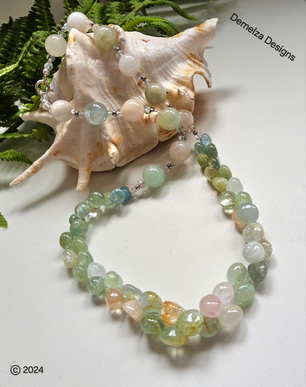 Aquamarine,  Morganite,  Prehnite, Sterling Silver Necklace (Multi Beryle)