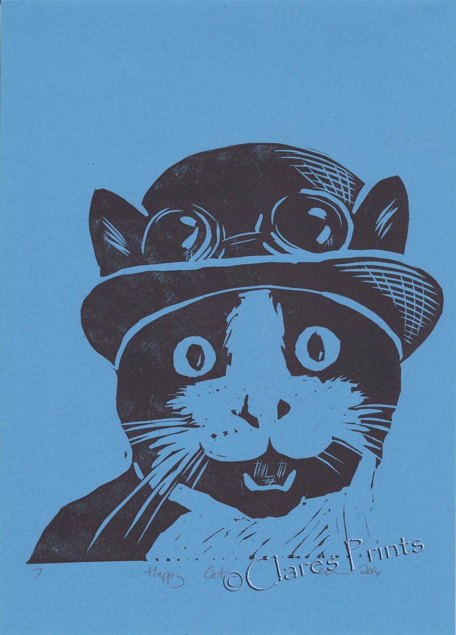 Happy Cat Open Edition Hand-Pulled Linocut Print 