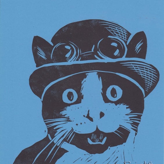 Happy Cat Open Edition Hand-Pulled Linocut Print 