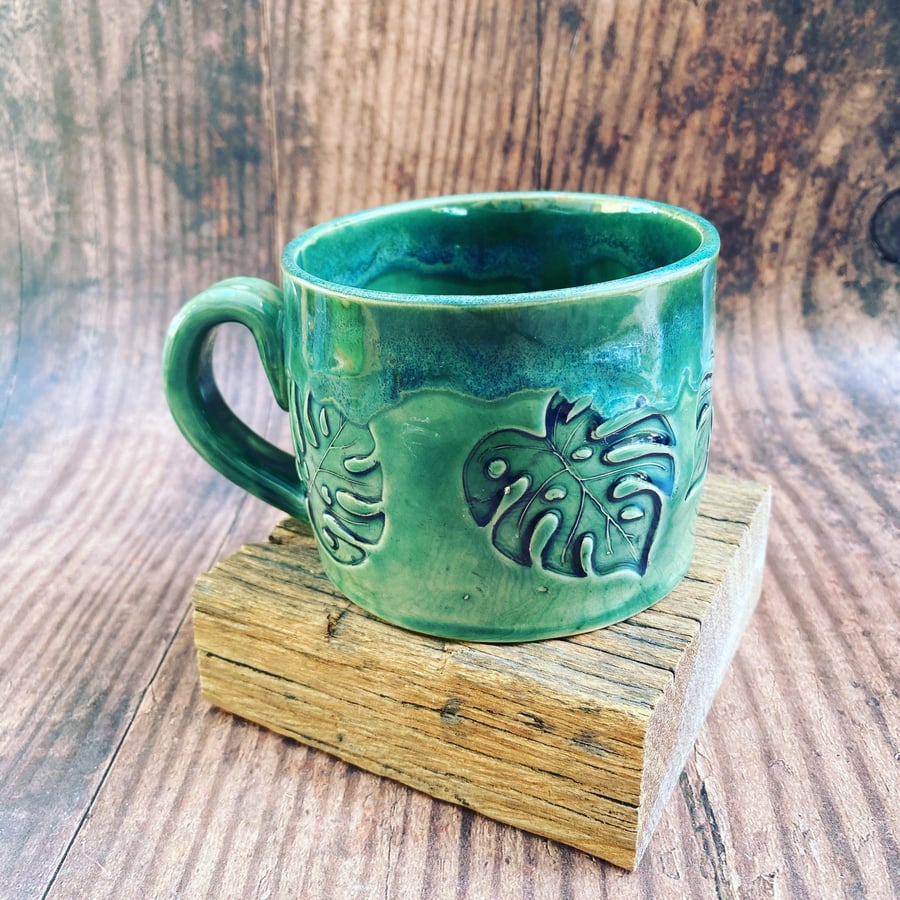 Monstera Leaf Mug, Green Ceramic Cup - Made to Order