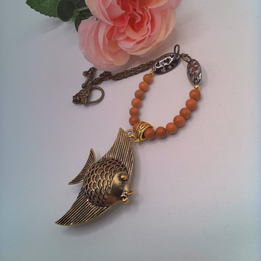 Bronze 3-D Fish Pendant Necklace on a Mahogany Jasper and Bronze Necklace