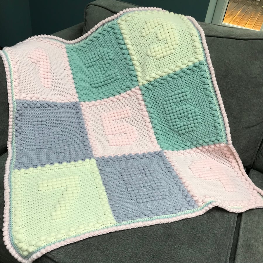 Hand Crocheted Number Blanket for Baby - can be made to your colour choice