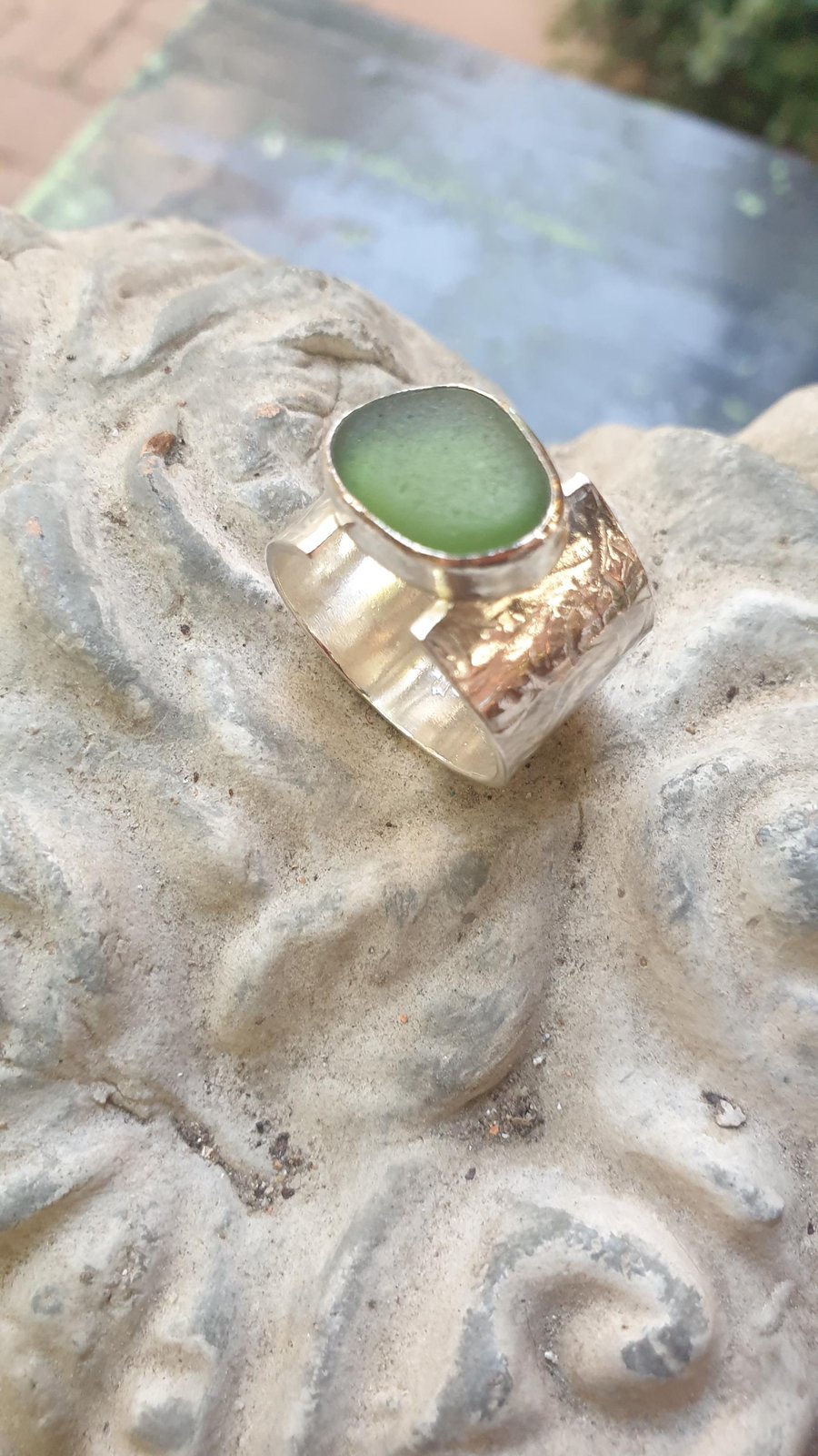 Unique Artisan Sterling Silver 925 Green Seaham Seaglass Textured Wide Ring