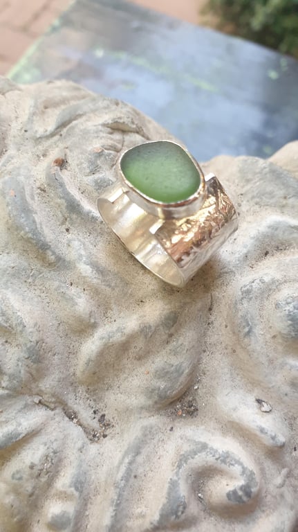 Unique Artisan Sterling Silver 925 Green Seaham Seaglass Textured Wide Ring