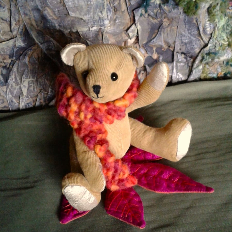 Ted, a collectable jointed bear, an Autumnal silk leaf. Perfectly imperfect