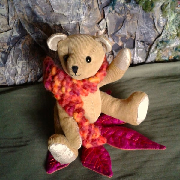 Ted, a collectable jointed bear, an Autumnal silk leaf. Perfectly imperfect