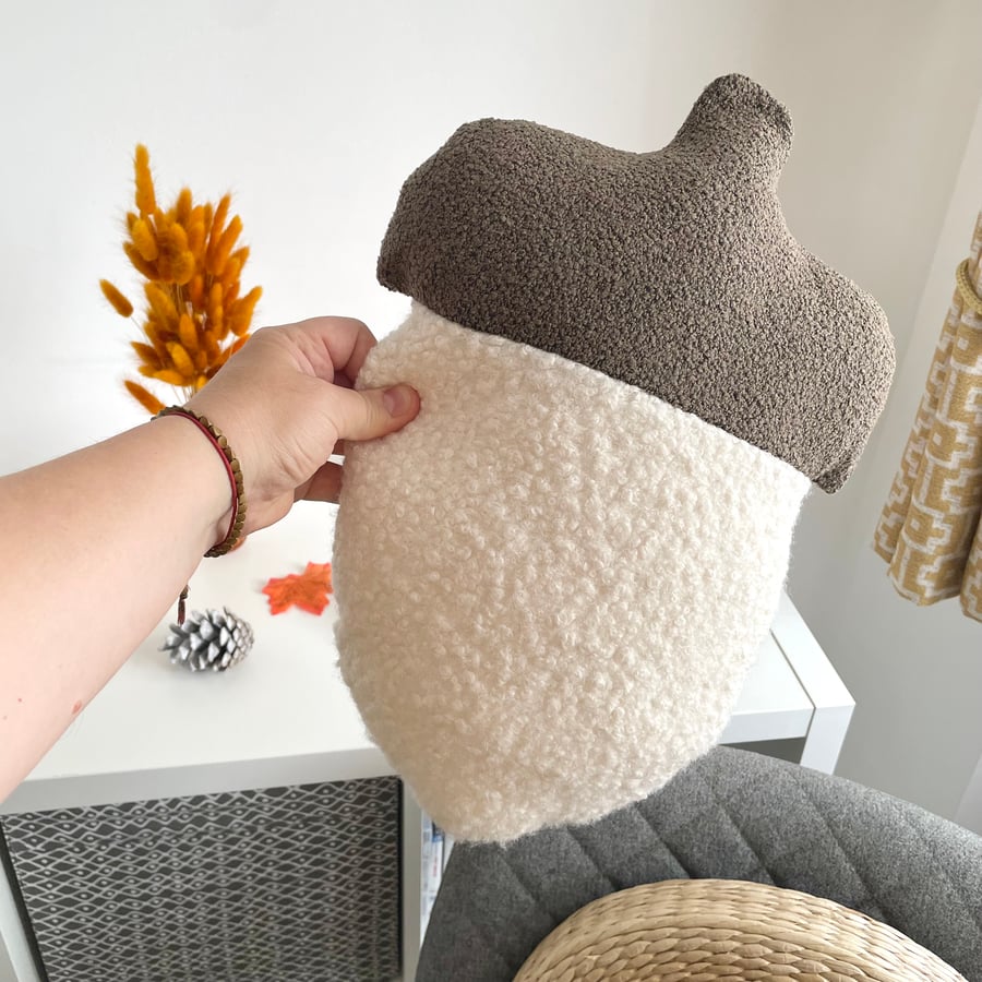Handmade Acorn Throw Pillow White & Brown Bouclé Fall Cushion Autumn Woodland