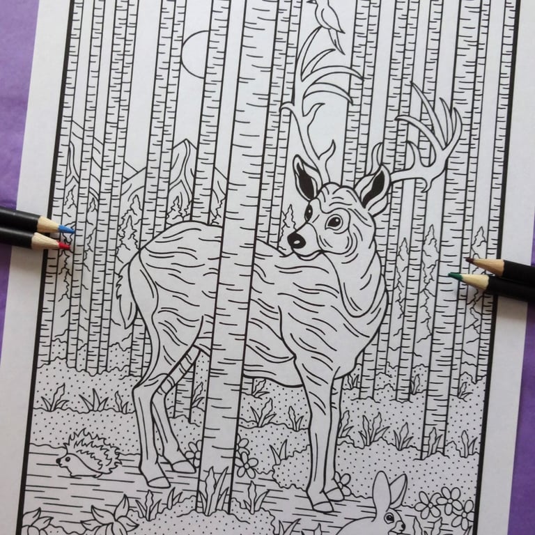 Deer Forest Animal A4 Colouring Page Printable JPG by S Godwin Studio