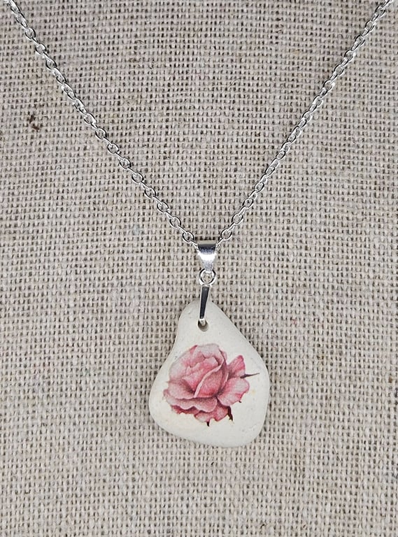 Sterling Silver Rose Sea Pottery Necklace - Coastal Floral Jewellery