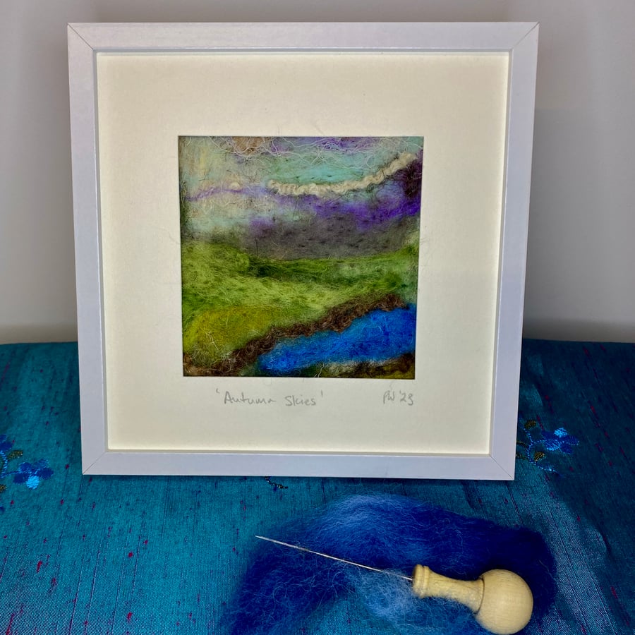 Autumn Skies - needle felted picture, - free p&p