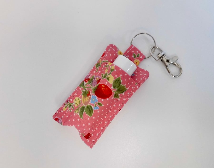  SOLD Key ring lip balm holder in strawberry print fabric keyring 