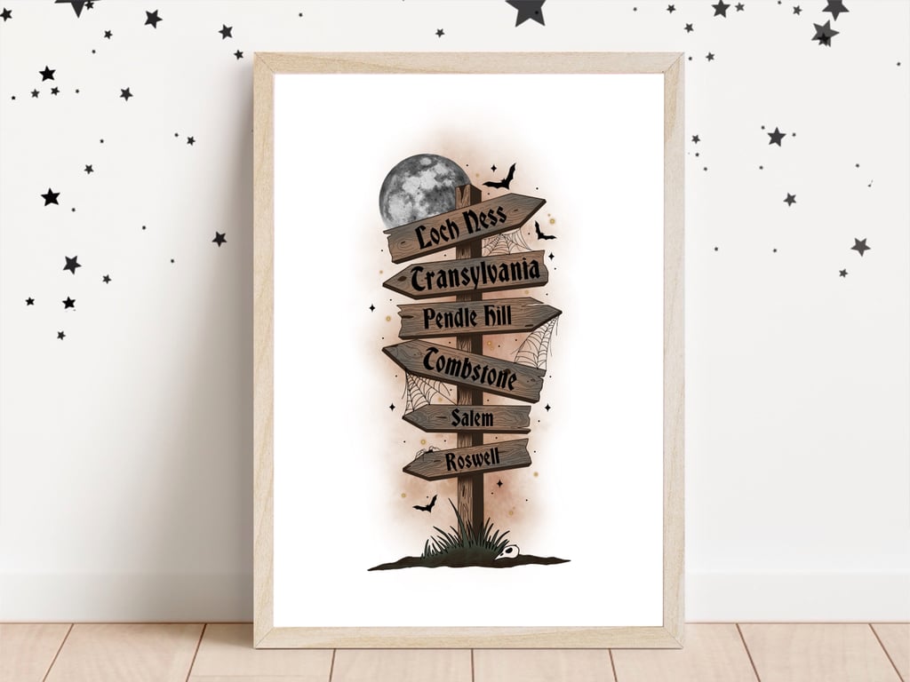 Haunted Places Sign Post Print, Loch Ness, Salem, Spooky Decor.