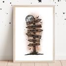 Haunted Places Sign Post Print, Loch Ness, Salem, Spooky Decor.