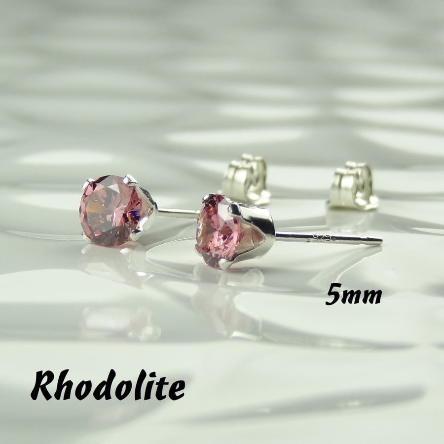Cubic Zirconia stud earrings, sterling silver or 14k gold filled, rhodolite, 5mm