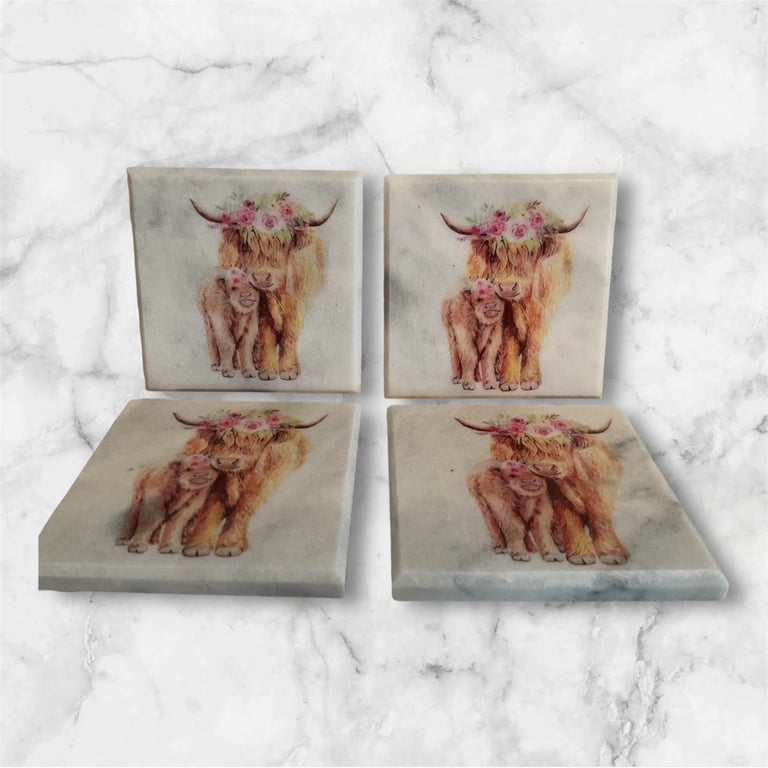 Set of 4 Marble Decoupaged Coasters. Highland Cow
