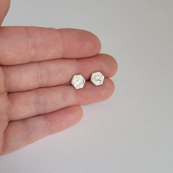 Hexagon Studs, Recycled Sterling Silver Geometric Earrings