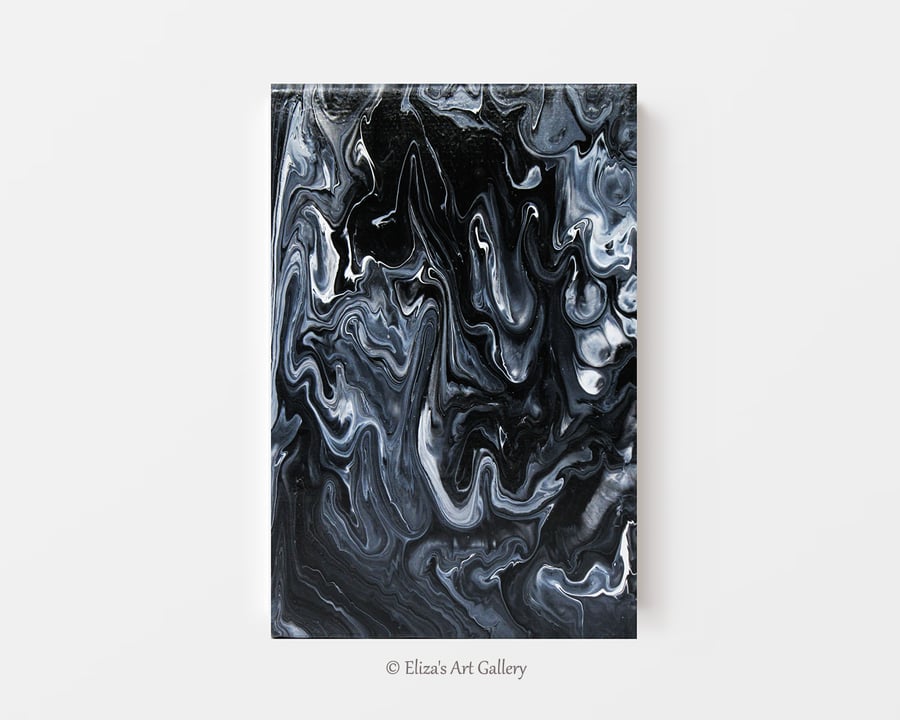 Original Black White Fluid Art Abstract Acrylic Painting