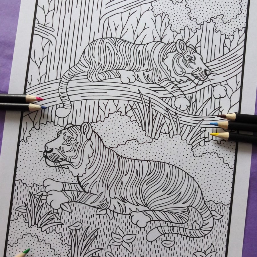 Tigers Jungle A4 Colouring Page Printable JPG by S Godwin Studio