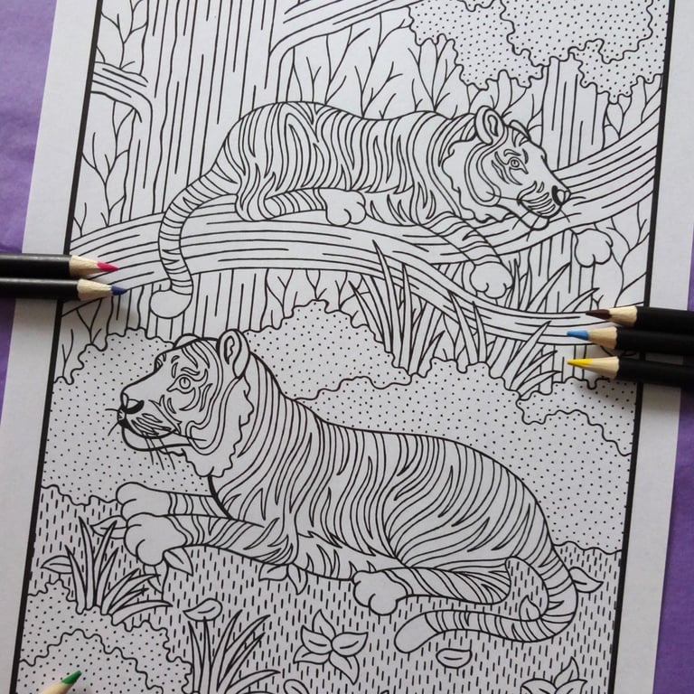 Tigers Jungle A4 Colouring Page Printable JPG by S Godwin Studio