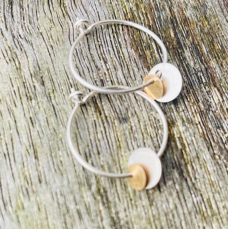 Mixed Metal 15mm Sterling Silver Hoop Earrings with Gold and Silver Discs