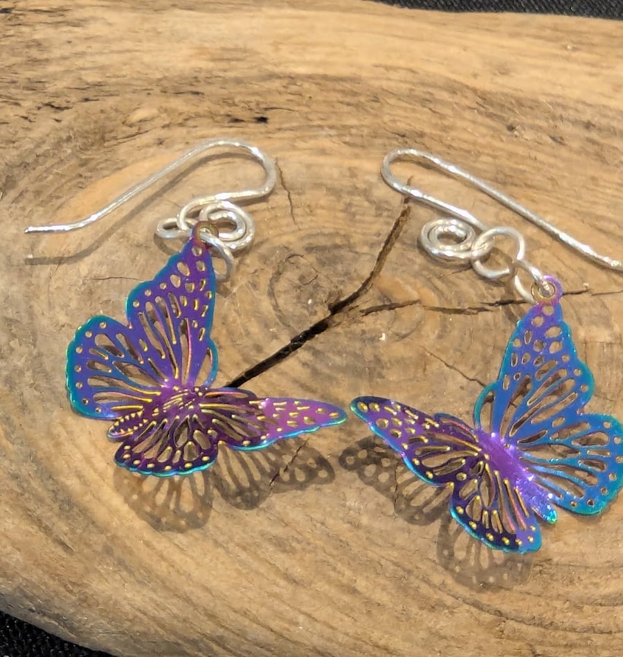 Image of Dainty Purple Anodised Stainless Steel Butterflies on Sterling Silver Earwires 