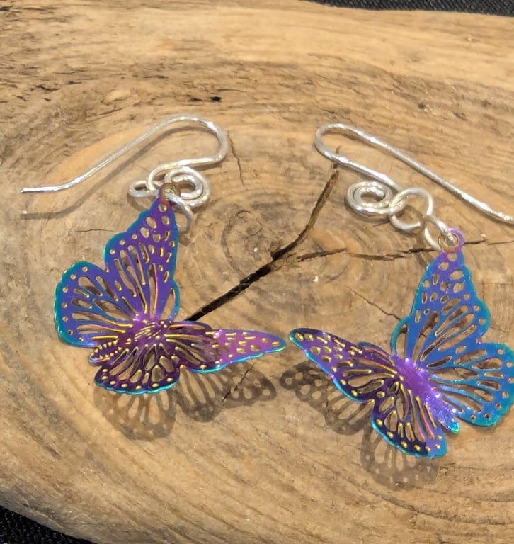 Dainty Purple Anodised Stainless Steel Butterflies on Sterling Silver Earwires 