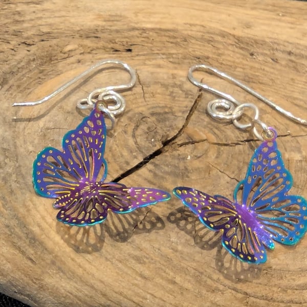 Dainty Purple Anodised Stainless Steel Butterflies on Sterling Silver Earwires 