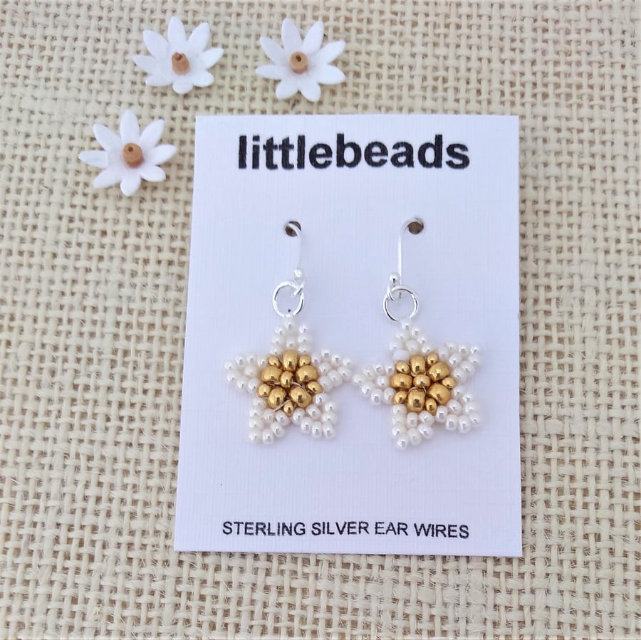 Pearl and Gold Daisy Beaded Sterling Silver Earrings