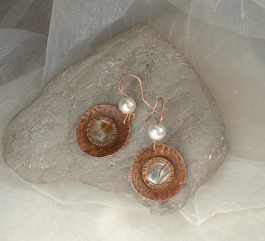 "Copper Moon" Rustic Textured Copper Earrings with Mother of Pearl