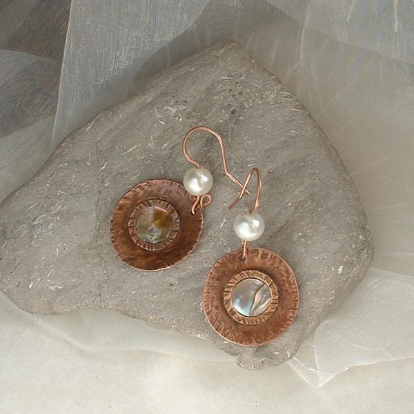 "Copper Moon" Rustic Textured Copper Earrings with Mother of Pearl