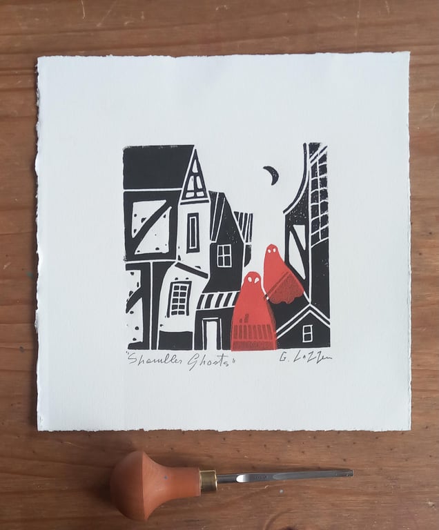 The Shambles Ghosts, York Linocut, Lino Print by Giuliana Lazzerini