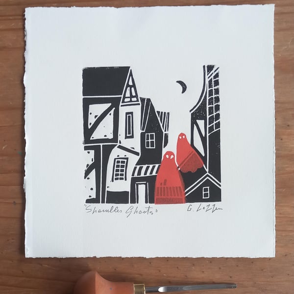 The Shambles Ghosts, York Linocut, Lino Print by Giuliana Lazzerini