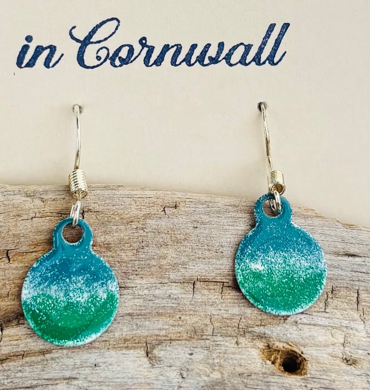 Hand enamelled , sea coloured earrings on sterling silver ear hooks 