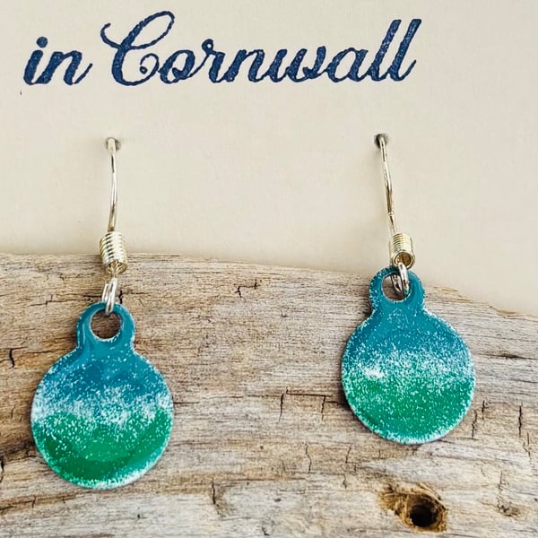 Hand enamelled , sea coloured earrings on sterling silver ear hooks 