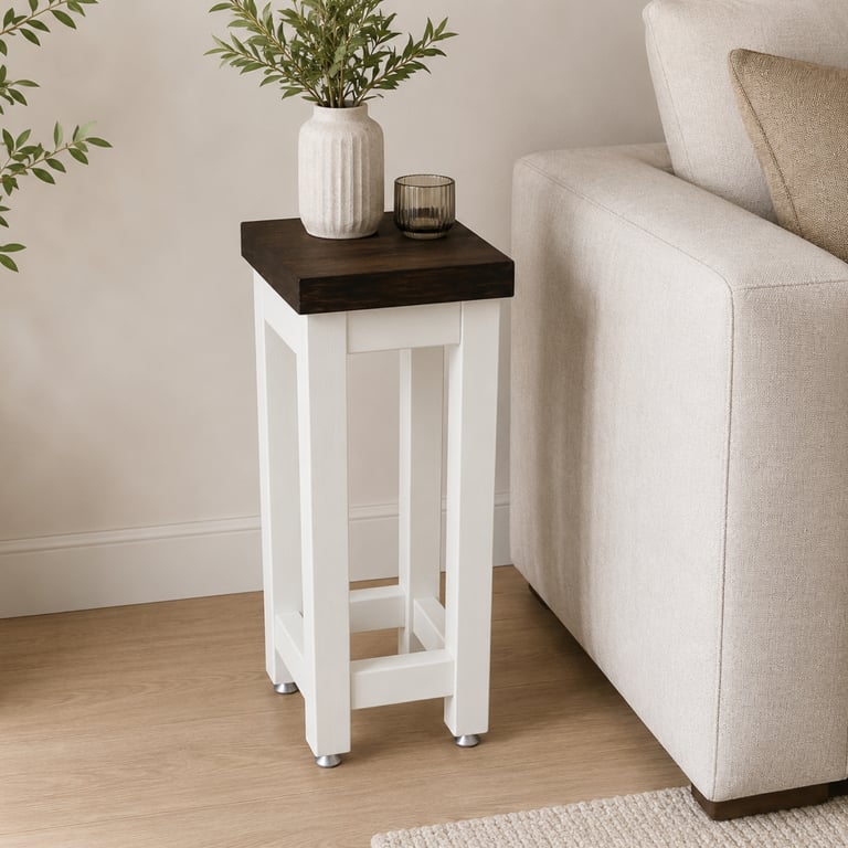 Handmade Rustic Pine Lamp Table - Tall Plant Stand - Dark Walnut & White Table
