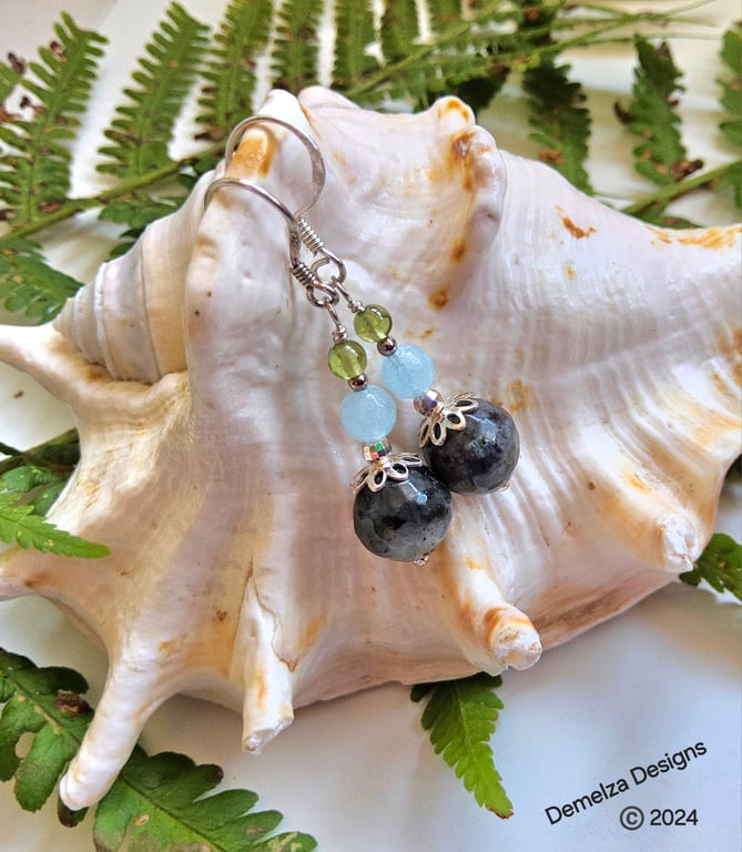 Designer Labradorite,  Aquamarine & Peridot Sterling Silver Earrings