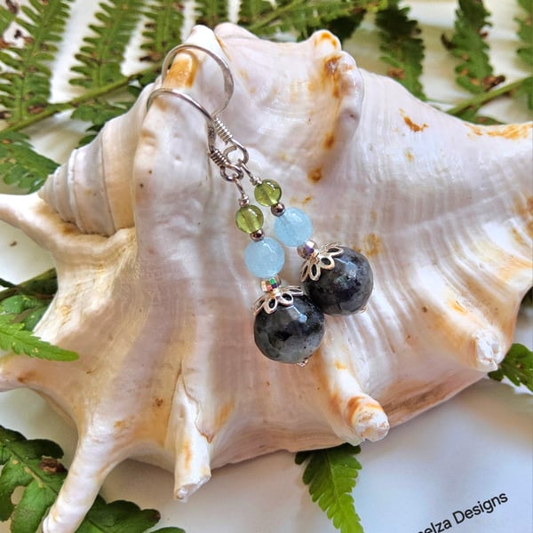 Designer Labradorite,  Aquamarine & Peridot Sterling Silver Earrings