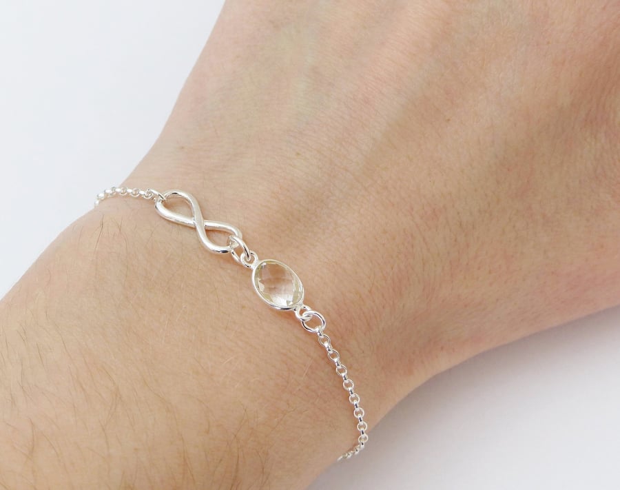 Clear Quartz Infinity Sterling Silver Bracelet, April Birthstone Gift