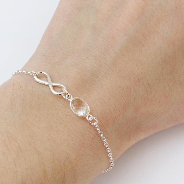 Clear Quartz Infinity Sterling Silver Bracelet, April Birthstone Gift