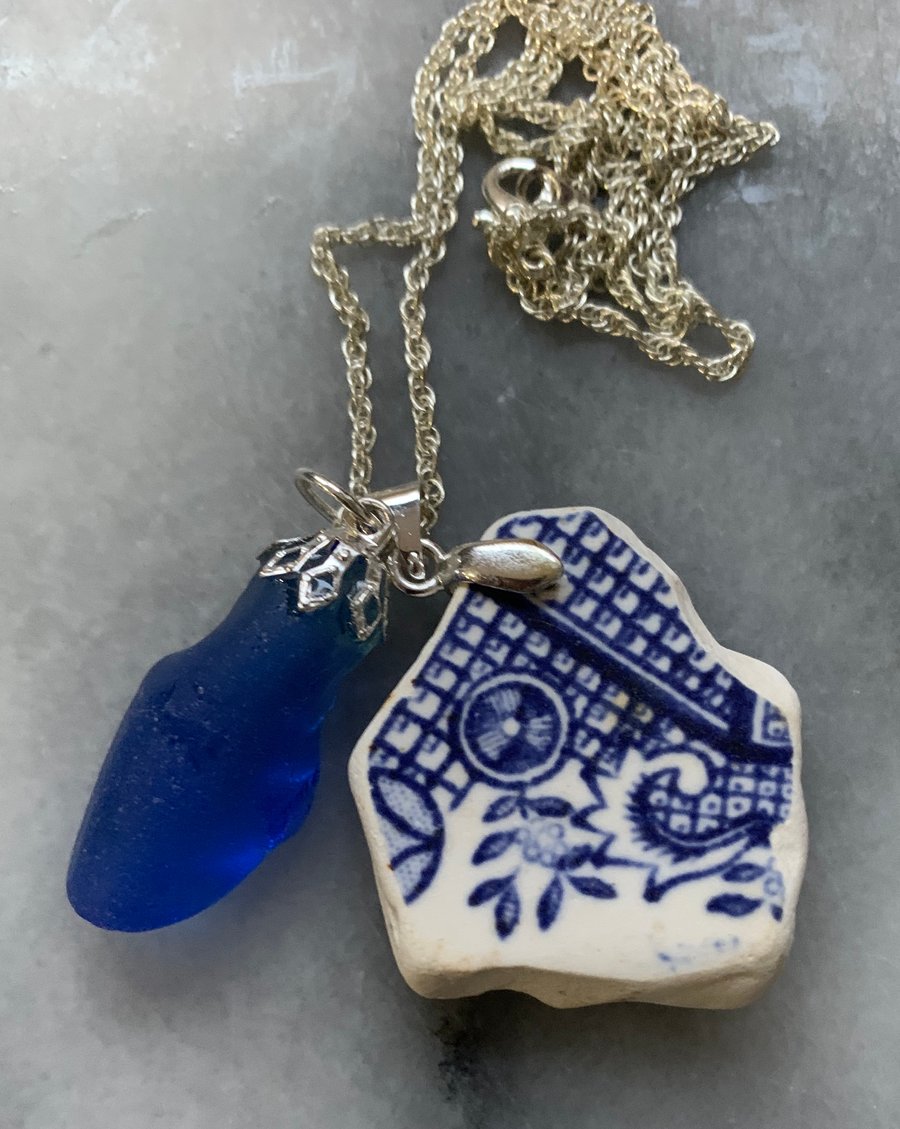 Seaglass and seapottery silver plate pendant
