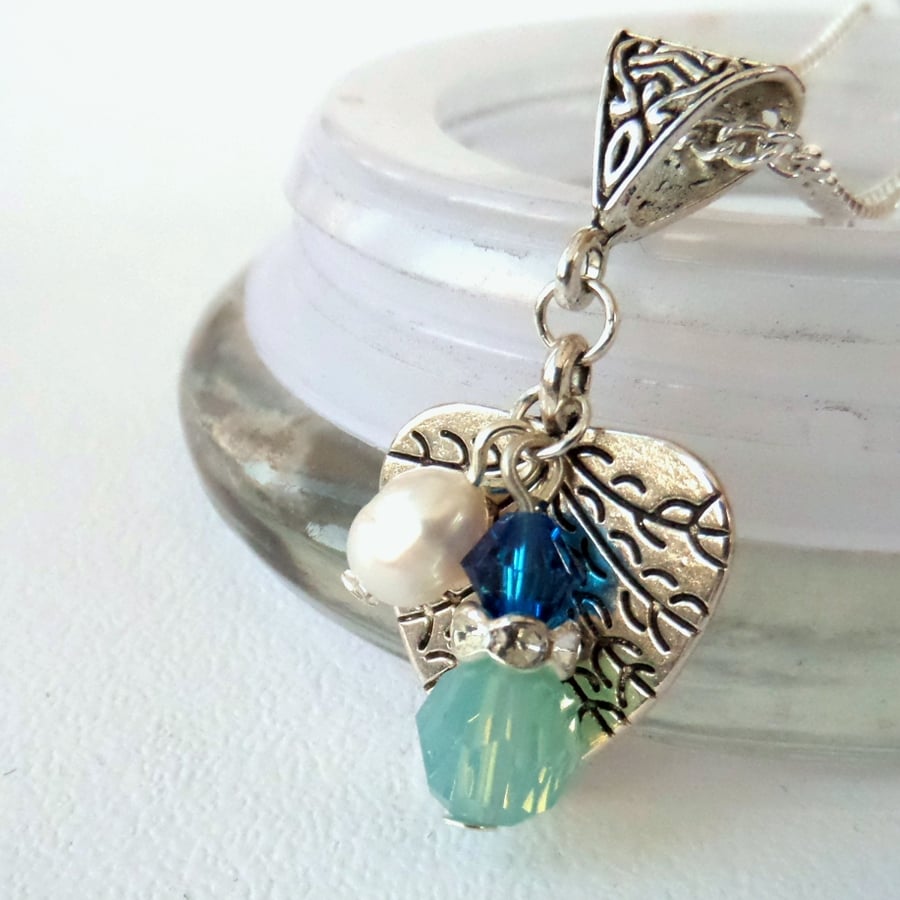 Pearl & crystal leaf charm pendant necklace, with Swarovski crystal
