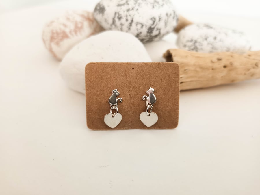 SOLD Sterling Silver Cat and Heart Earrings