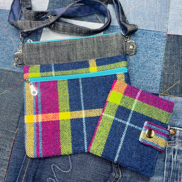 Shetland Winters Night Tweed Crossbody Bag and wallet, Denim Tweed Slim Bag and 