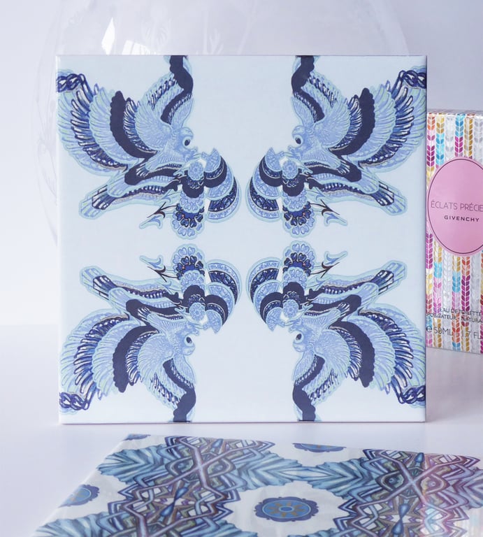 Blue Eagle and Floral Pattern Ceramic Tile Trivet with Cork Backing