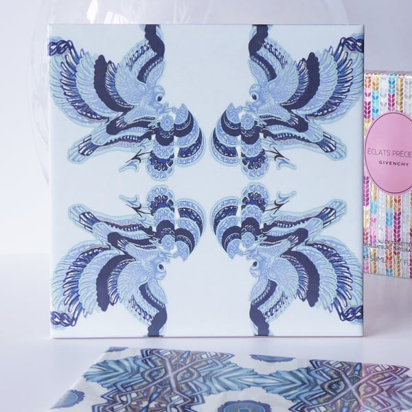 Blue Eagle and Floral Pattern Ceramic Tile Trivet with Cork Backing