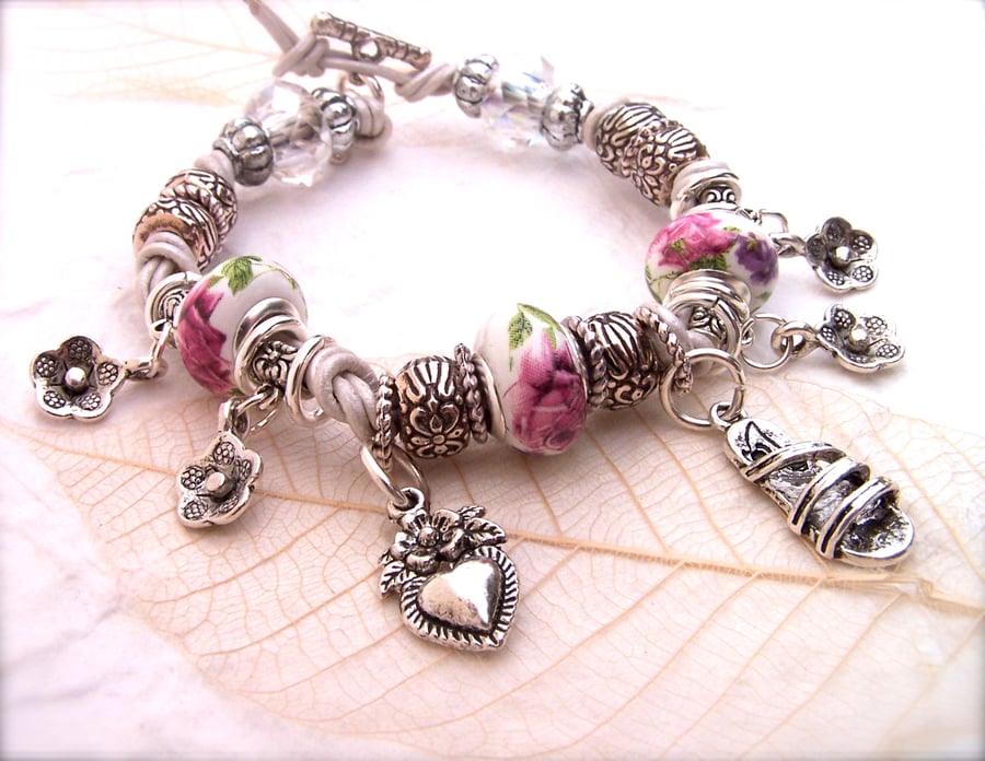 Silver Leather Bracelet, Silver Plated Charms, Pink & White Ceramic Beads