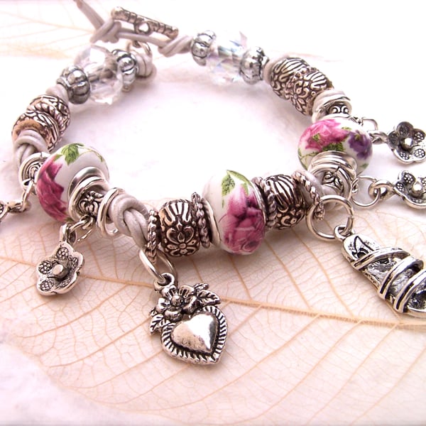 Silver Leather Bracelet, Silver Plated Charms, Pink & White Ceramic Beads