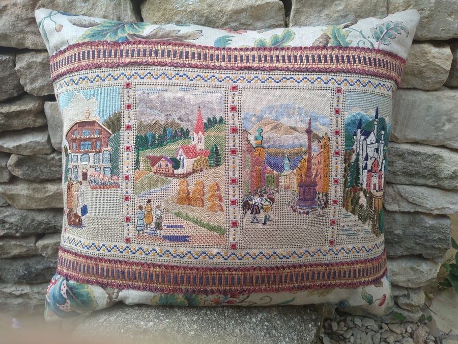 A Tyrolean Holiday - Vintage Embroidery and Linen Cushion